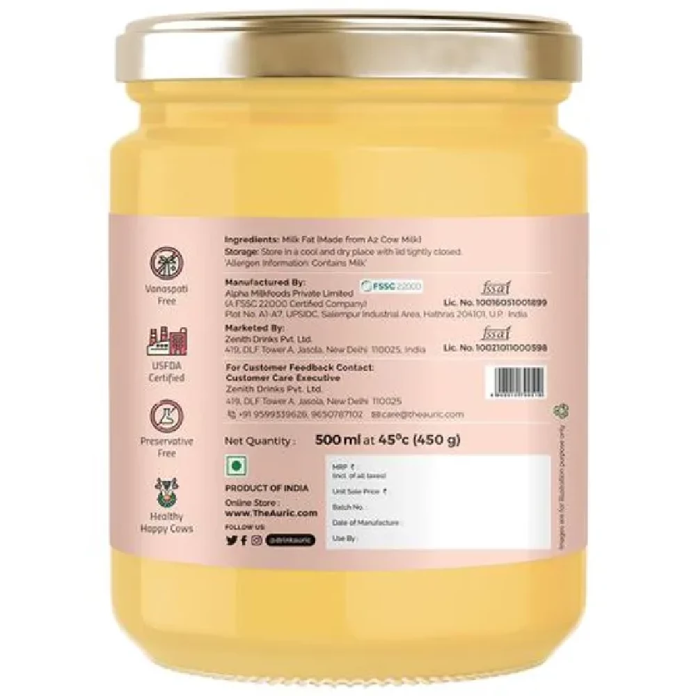 Auric A2 Desi Cow Ghee - Vedic Bilona Method, Traditional Curd Churned, 500 ml Glass Jar-2.webp